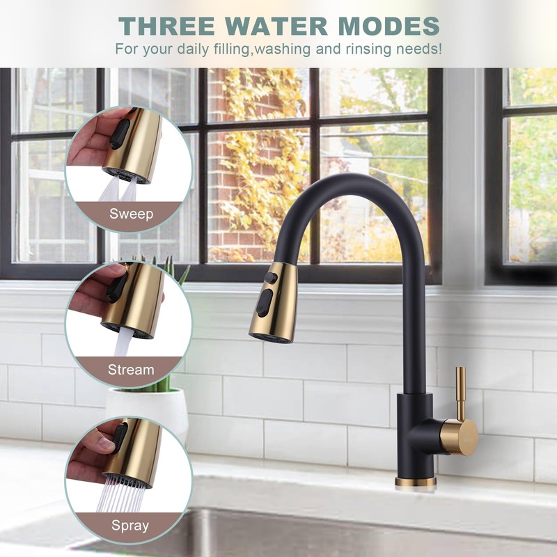 Black and Gold Kitchen Faucet with Sprayer, WOWOW Kitchen Sink