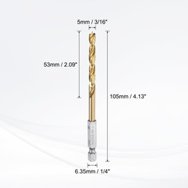 HARFINGTON Brad Point Drill Bits 5mm(3/16") Dia 1/4" Hex Shank Drill Metric Brad Point 2.09 Drilling Depth Spiral Twist Drill Bits for Carpenter Woodworking Plastic Rubber, Gold