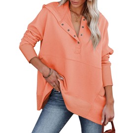 AlvaQ Womens Button Up V Neck Hoodies Casual Long Sleeve Sweatshirts Loose Ribbed Pullover Tops with Pockets Orange Medium