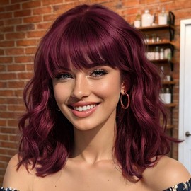 Nnzes Bob Curly Wig Synthetic Short Wine Red Wig with Bangs Natural Looking Heat Resistant Fiber Hair for Women