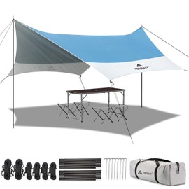 Forceatt 12x14FT Tarp with 2 Poles, Waterproof Anti-UV Camping Tarp Car Awning (UPF50+), Lightweight Sun Shelter for Car, Tent and Hammock in Hiking, Backpacking, Garden and Traveling