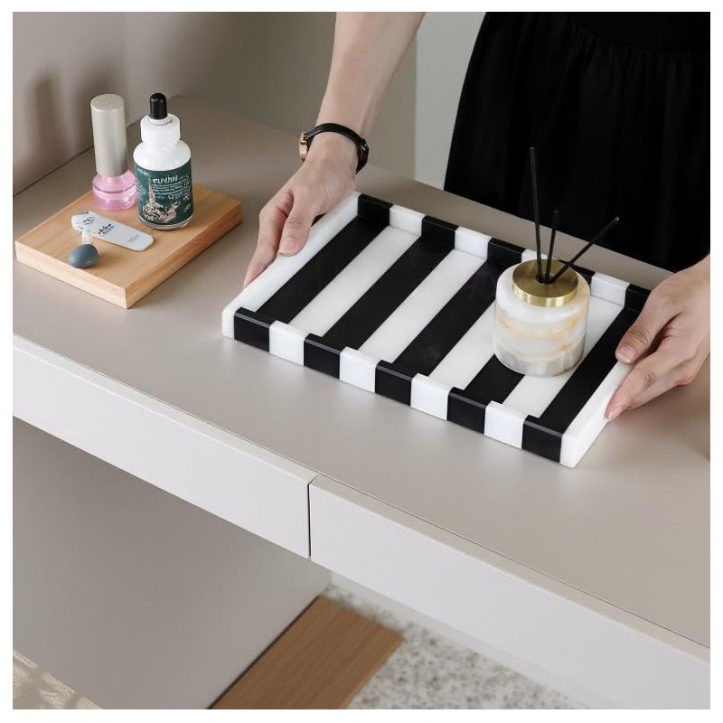 Black White Striped Marble Tray, 12" Rectangular Vanity Jewelry Organizer