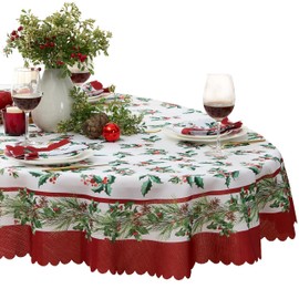 Newbridge Christmas Green and Red Nature’s Poinsettia Scalloped 60 x 84 Inch Oval Holiday Fabric Tablecloth