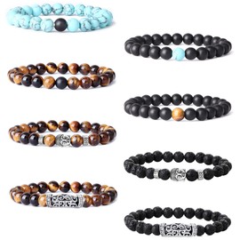 YADOCA 8 Pieces 8 mm Beads Bracelets for Men Lava Tiger's Eye Bracelet Buddha Head Bracelet Gothic Punk Bracelet Set, Stone