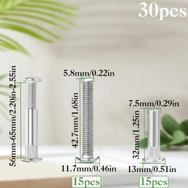 Pack of 30 Connection Screws M6 56-65 mm Furniture Connectors Cabinet Connector Screws (15 x Furniture Screws, 15 x Sleeve Screws) Connection Screw Furniture Connecting Screws for Furniture Cabinets