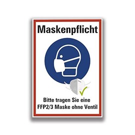 Sticker "Maskenpflicht Bitte tragen Sie eine Maske FFP2/3 Maske ohne Ventil" Sign Foil Red / Blue Similar to ISO 7010 | Choice of Sizes Made in Germany, Size: 20 x 30 cm