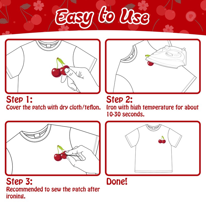 Kirako 12Pcs Cherry Iron on Patches Cute Fruit Cherry Bomb