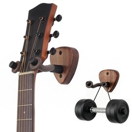 Tapsawp 2 Pack Walnut Guitar Wall Mount Hangers & String Swing Hanger wtih Pick Holder, Black Wooden Guitar Holder Hook Stand, Universal Fit for Acoustic Electric Bass, Ukulele Banjo