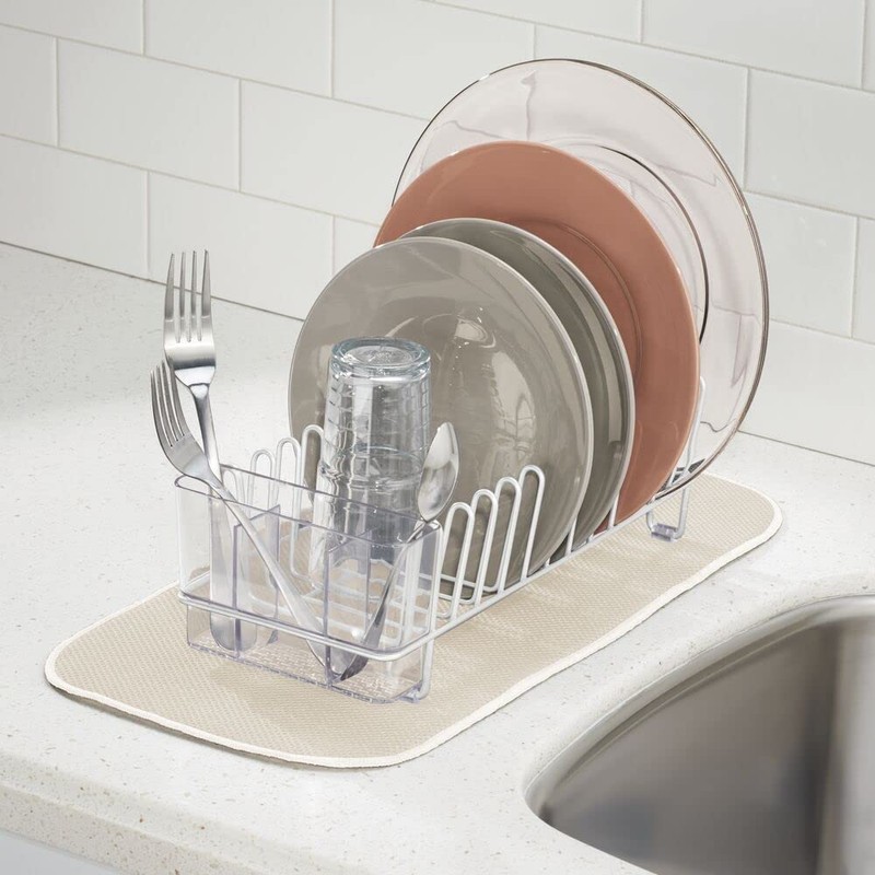 mDesign Steel Compact Modern Dish Drying Rack with Removable Cutlery
