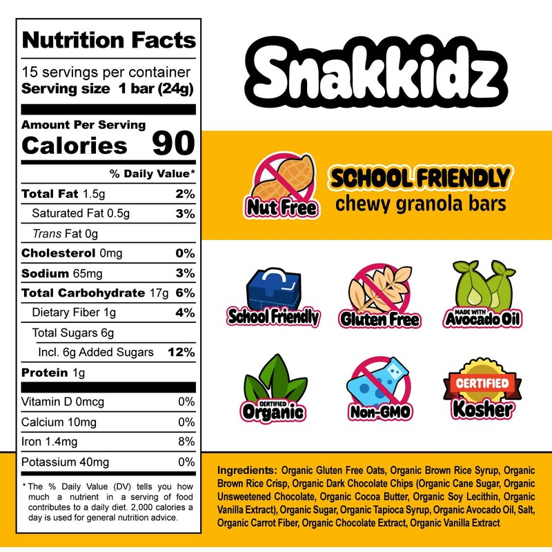 Snakkidz Organic Chewy Granola Bar, 15 Count (0.85oz Each), Nut