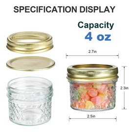 4oz Mini Mason Jars,Set of 40 Quilted Crystal Style Canning Glass Jars With Gold Regular Lids and Bands, Wide Mouth Spice Jars For Honey,Caviar,Herb,Jelly,Jams-40 Black Labels,1 Chalk Marker Included