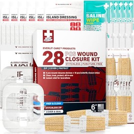 EVERLIT CARE Wound Closure Kit | 28 Pcs All-in-One First Aid with Suture-Free, Stitchless Zip Devices, Butterfly Bandages, for up to 6" Wounds | 100% Sterile Medical Supplies to Clean, Cover & Heal