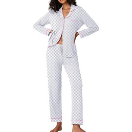 Ekouaer Plus Size Pajamas Women's Soft Sleepwear Lightweight Night Shirts with Long Bottoms (White with Black Dots,XL)