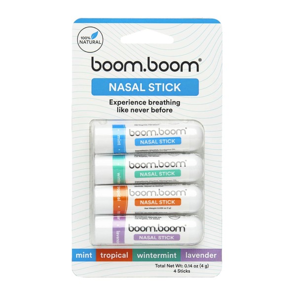 Boom Boom Nasal Stick (4 Pack) | Boosts Focus + Enhances Breathing | Provides Fresh Cooling Sensation | Aromatherapy Inhaler Made with Essential Oils + Menthol (Mint, Wintermint, Tropical, Lavender)