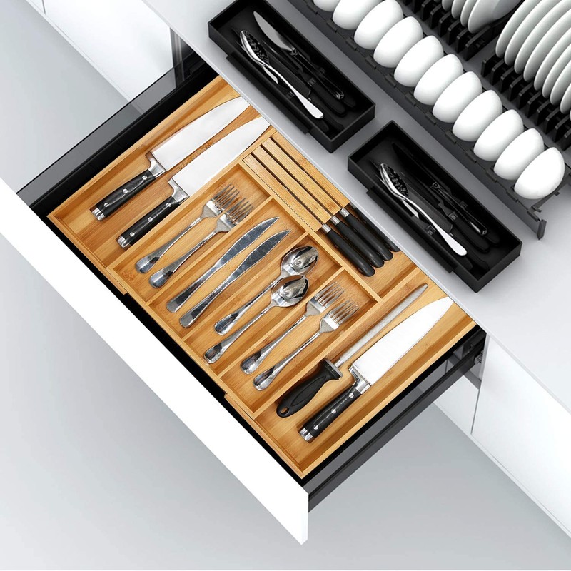 VaeFae Bamboo Silverware Drawer Organizer Kitchen, Expandable Utensil Organizer with