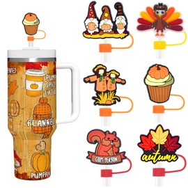 Fall Straw Cover Cap 6Pcs Thanksgiving Straw Topper 10mm Silicone Straw Cup Cover Pumpkin Turkey Squirrel Maple Leaf Gnome Straw Covers Autumn Straw Lid Protector for 30&40 Oz Tumbler Cup Accessories