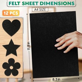 12 Pcs Black Felt Sheets for Crafts - 8.3"x11.8" (A4 Size) Strong Adhesive Black Felt Fabric for Crafts Decorations & DIY Projects - Water-Resistant and Self Adhesive Fabric Sheet That Leaves No Trace