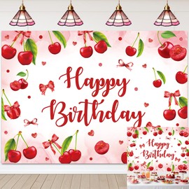 Cherry Birthday Backdrop Coquette Bow Happy Birthday Photography Background Girls Women Fruit Themed Red Cherry Coquette Party Decorations Backdrop (6x4ft(72''x48''))