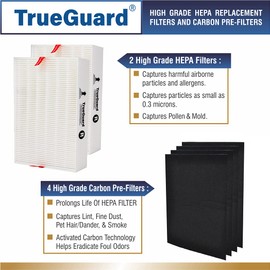 TrueGuard Air Purifier Replacement HEPA Filters Type R for HPA200 Series| 2 Pack with 4 Pre-cut Activated Carbon Prefilters | Compatible with Honeywell Models HPA200, HPA202, HPA204, HPA250B and more.