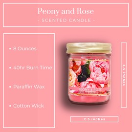 Peony Rose Scented Candle in Clear Mason Jar | Candles for Home | 8oz Rustic Home Decor Novelty Candle | 40 Hour Burn Time Candle