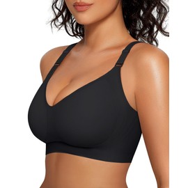 OEAK Womens Comfortable Bras Wireless V Neck Bra Full Coverage Bralettes Seamless Tshirts Bras Push Up Bras with Extender Black XL