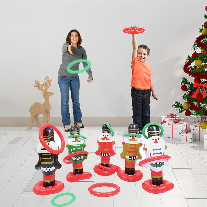 100 Scores Christmas Ring Toss Game 5PCS Inflatable Nutcracker Rings