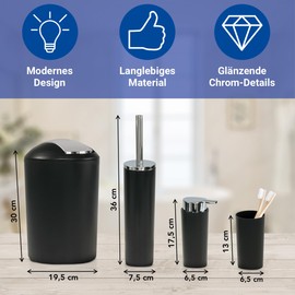WENKO 4 Piece Set Bathroom Accessories, Includes Toothbrush Cup, Trash Can, Soap Dispenser and Toilet Brush Holder, Bathroom Sets Complete, Matt, Plastic/Stainless Steel, Black