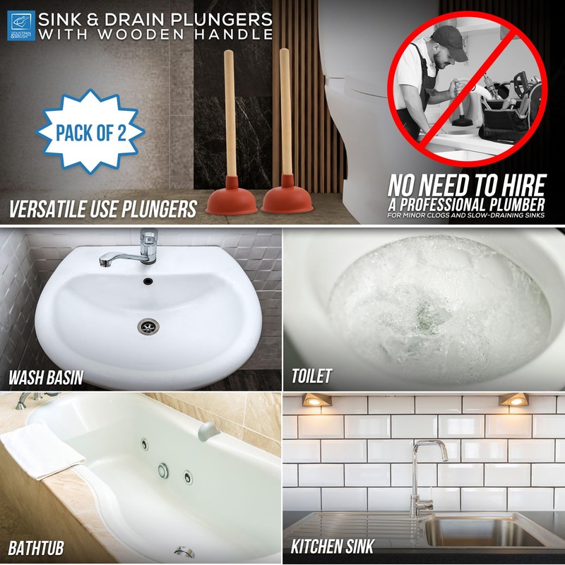 Sink & Drain Plunger Sink Unblocker with Strong Traditional Wooden