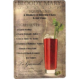 Tin Sign 20 x 30 cm Bloody Mary Cocktail Long Drink Recipe for Mixing Decoration for Catering Bar Pub Party Room Kitchen Food Drinking