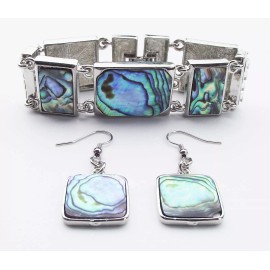 Icon DESIGNER INSPIRED GENUINE ABALONE CRYSTAL SILVERT BRACELET & HOOK EARRINGS SET