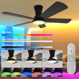 Garwarm Ceiling Fans with Lights and Remote, 42 Inch Black Ceiling Fan with Light Flush Mount RGB LED Dimmable, Noiseless Modern Fan Light for Bedroom Kitchen Dining Room