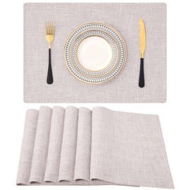 Homaxy Washable Place Mats Set of 6 Place Mats Wipe Clean Linen Heat Resistant Place Mats Non-Slip Double-Sided Table Coasters Place Mats Fabric, Beige