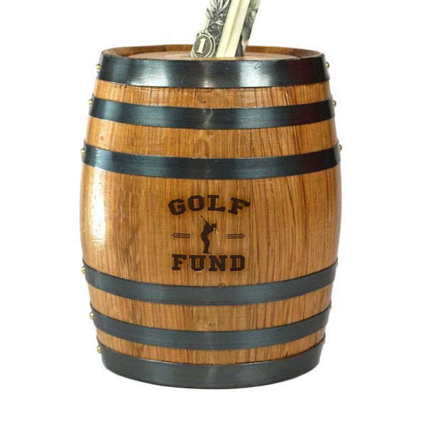 Thousand Oaks Barrel Co. Handmade Wooden Oak Barrel Adult Piggy Bank - Money Saver for Real Cash, Bills & Coins - 6.5 x 4.5 x 4.5 inches with Golf Fund Laser Engraving - Piggy Banks for Adults