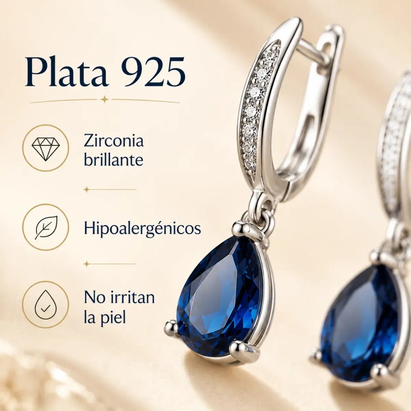 Aretes Plata 925 Mujer Gota Zirconia Azul Profundo Elegante