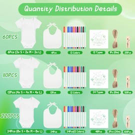 BOUBONI 60 Pcs DIY Baby Bibs Bodysuit Set Baby Shower Game 6 White Baby Bibs 6 White Newborn Bodysuit 12 Fabric Markers 12 Stencils 23 Clothespins 1 Hemp Rope for Baby Shower Boys Girls