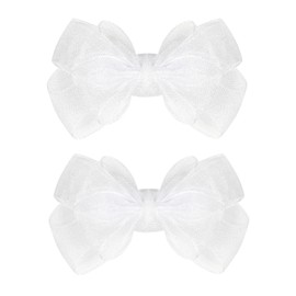 3.5-Inch Organza Hair Bows for Girls - Elegant Sheer Ribbon Alligator Clips for Toddlers, Kids, and Teens - Pack of 2, White