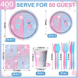 Funnymoom 400 Pcs Gender Revweal Party Supplies for 50 Guests Boy or Girl Gender Reveal Disposable Plates Napkins Cups Spoons Forks Knives for Birthday Baby Shower Party Favors