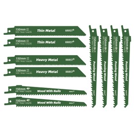 RRRST 10-Piece Reciprocating Saw Blades Set, 4 Different Types 150 mm Reciprocating Saw Blades for Cutting Metal, Wood and Wood with Nails, with Organiser Case, Simple and Durable