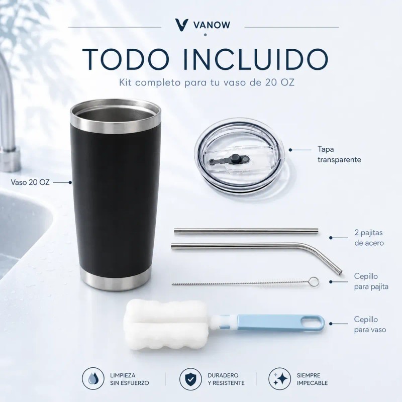 Vaso Térmico De 20oz Acero Inoxidable Con Popote Y Cepillo