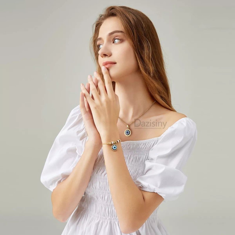 Dazisiny Collar Y Pulsera Ojo Turco De Acero Inoxidable Para