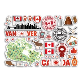 A5 Sticker Sheet Vancouver Landmarks Vinyl Stickers - Canada Canadian Stamps Skyline Flag Travel Holiday Map City Scrapbook Aesthetic #80499