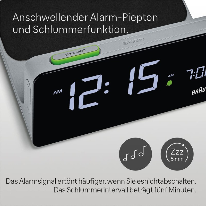 Braun Digital Alarm Clock with VA LCD Display, 10W Qi