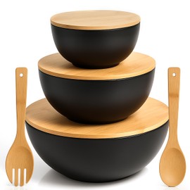 Vdomus Salad Serving Bowls with Lids - 5x10x10-Inch Bamboo Fiber Bowl Set with Wooden Lids - Multi-Purpose Bowl and Board Set for Kitchen - Mixing Bowl Set for Serving and Preparing Food - Set of 3