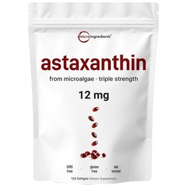 Micro Ingredients Astaxanthin 12mg – 120 Softgels, Natural Carotenoid Skin & Tanning Supplement from Microalgae