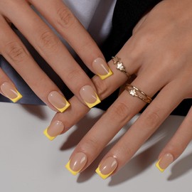 KQueenest Yellow French Tip Press On Nails Short Square, 30 Pcs Acrylic Press On Nails With Glue, Natural Nude Short Fake Nails Press ons, Reusable Glossy Soft Gel Glue on Nails for Women Summer