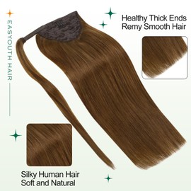 Easyouth Ponytail Extension Brown Human Hair Ponytail Extensions Wrap Around Ponytail Human Hair Pony Tails Hair Extensions Clip in Ponytail Extension Human Hair Milky Brown 16inch 80g #4