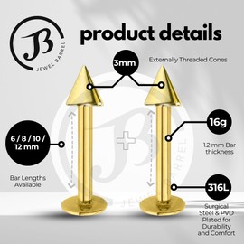 Jewel Barrel 2pcs Labret Piercing Studs Lip Jewellery Bars Monroe Helix Tragus Medusa Ring 6mm 8mm 10mm 12mm Length with 3mm Cones Pair (Gold, 6)