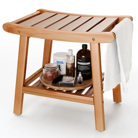 Bamboo Shower Bench for Inside Shower to Sit on,Waterproof Shower Stool for Shaving Legs,Spa Bathroom Shower Chair with Storage Shelf, Bathroom Bench Seat for Senior Adult Disabled Elderly