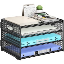 SUBEKYU Organizador de bandeja de cartas de papel para escritorio, organizador clasificador de archivos de escritorio de malla metálica negra con asa 
