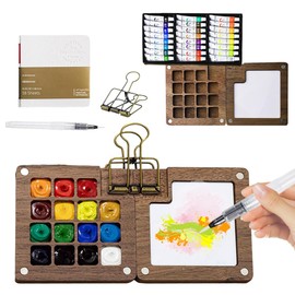 24 Farben Mini Aquarell Palette Tragbar, Holz-Skizzenbuch Palette mit 15 Gitter, Aquarellfarben Set, Zusammenklappbares Aquarell-Set, Reise-Aquarell-Set mit Clip für Künstler, Hobbymaler und Studenten